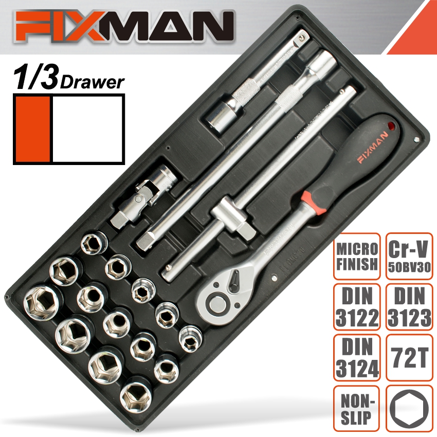 Fixman 19-Pc 1/2' Dr.Sockets & Accessories