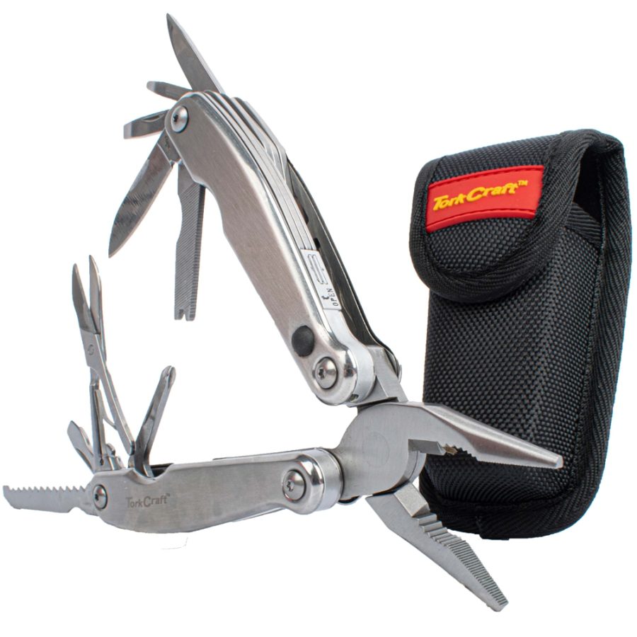 Tork Craft Silver Multitool with LED Light & Nylon Pouch