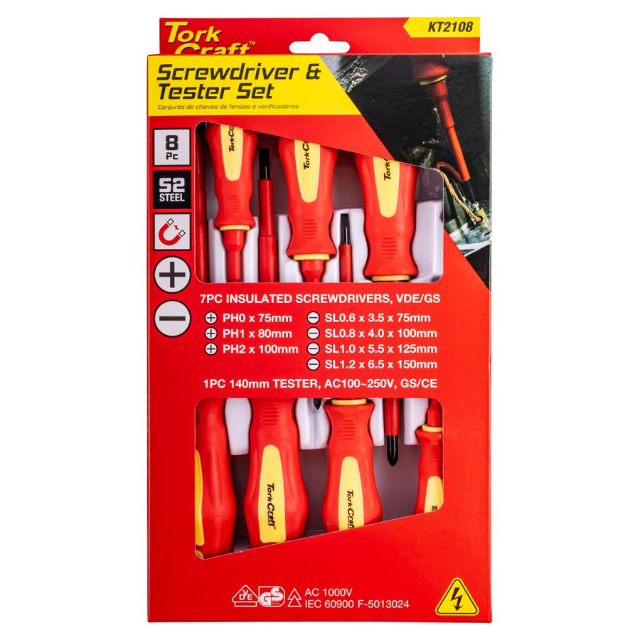 8Pc Screwdriver & Tester Set Electricians Insulated Vde