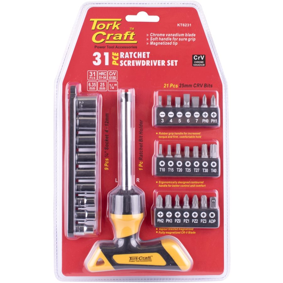 31Pc Screwdriver Ratchet T-Handle Bit Set