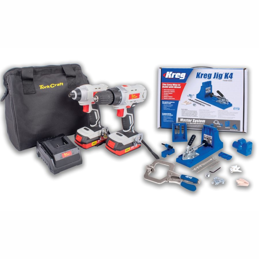 Tork Craft Twin Pack Drill & Impact Driver + Kreg Jig K4 Master System