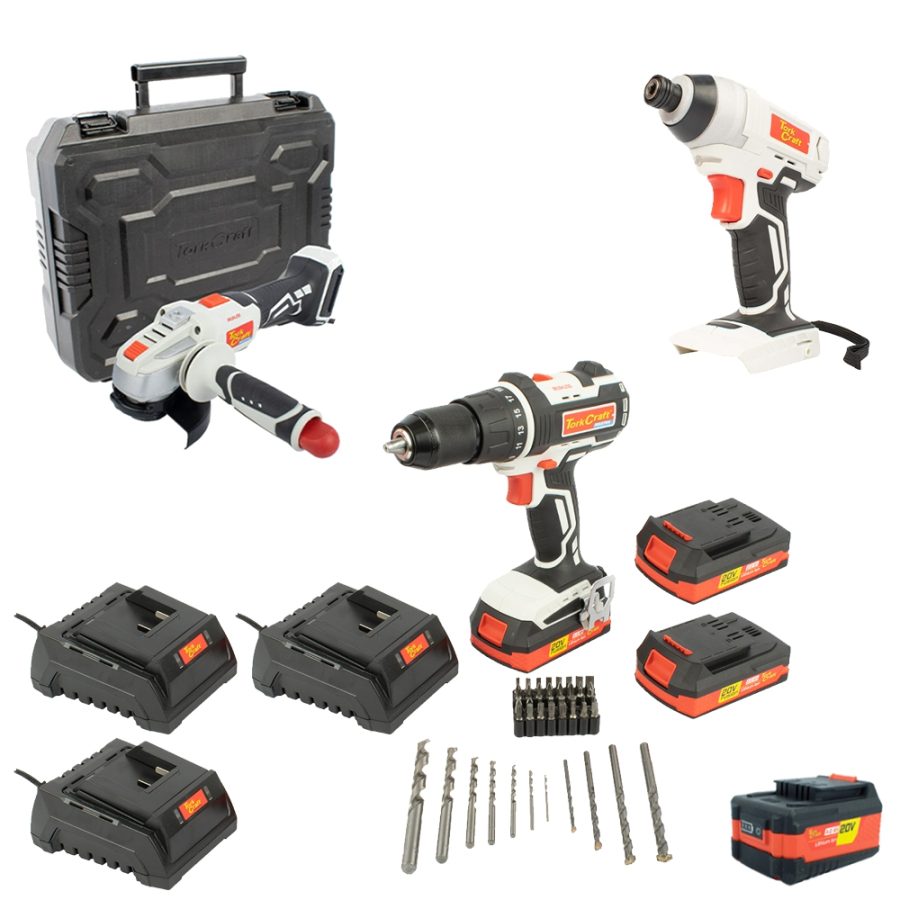 Tork Craft 20V Triple Tool Combo: Angle Grinder, Impact Driver & Drill with Battery and Chargers