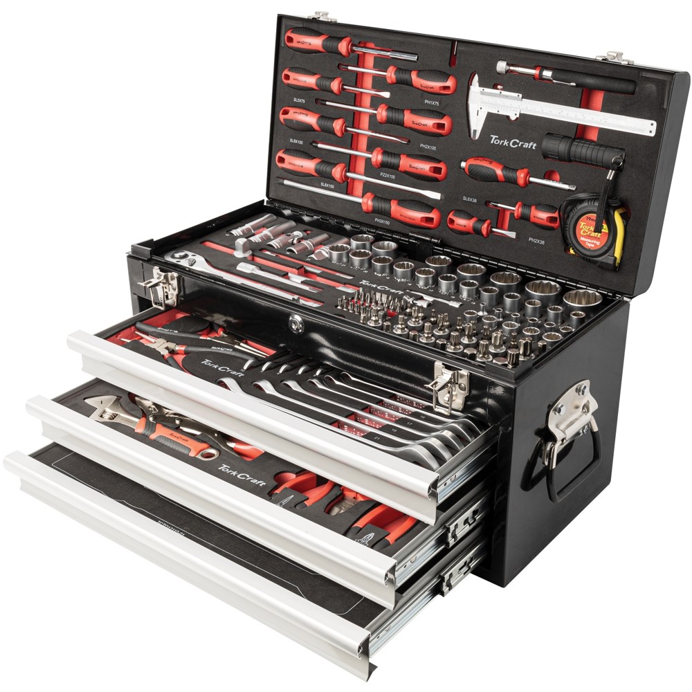 Tork Craft Tool Box 154 Piece – 3 Drawer & Top Tray (535x255x315mm)