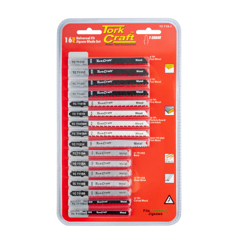 TorkCraft T-Shank Jigsaw Blades 16pc Set – Assorted Metal & Wood Cutting