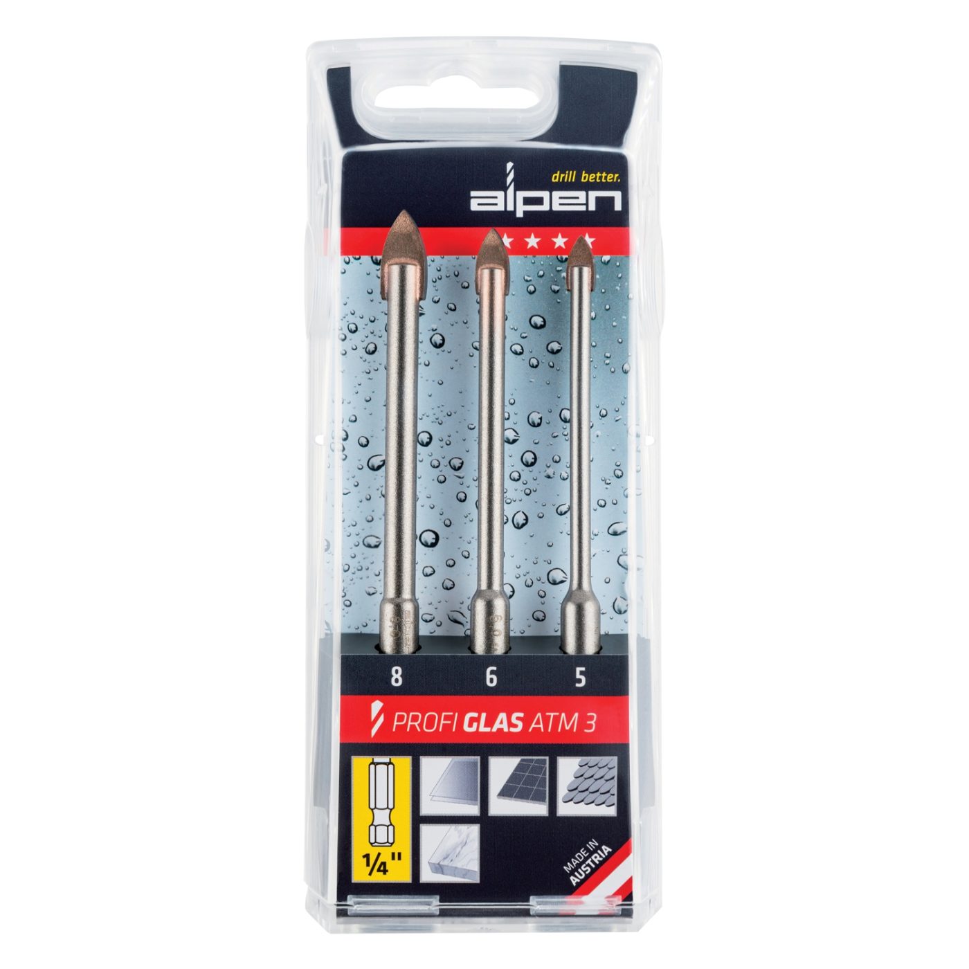 Alpen Profi Glass Drill Bit Set 3 Piece Hex Shank 5 6 8mm
