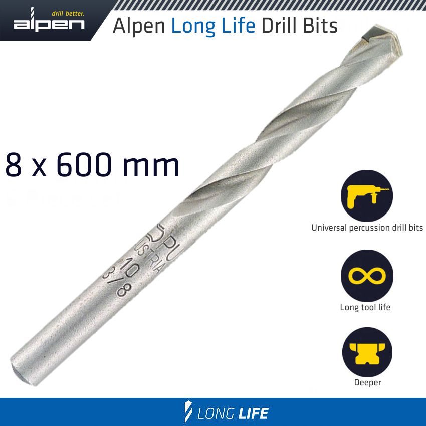 Masonry Drill Bit Long Life 8 X 600mm Pouch