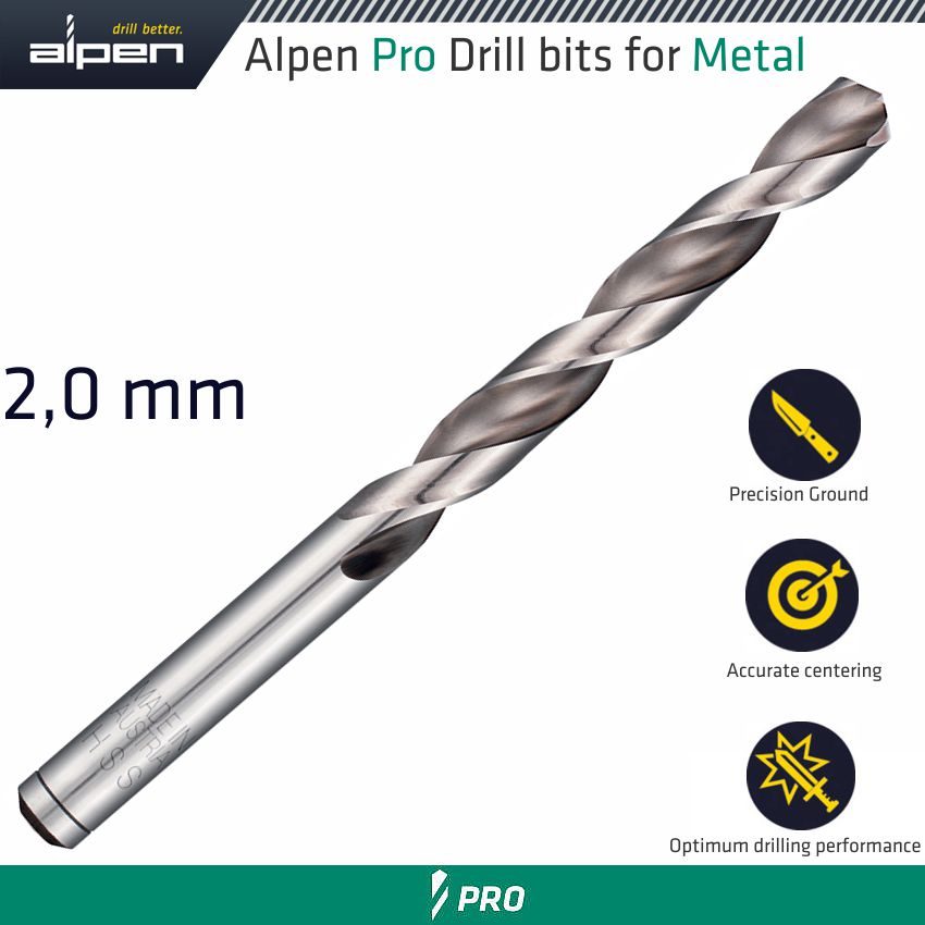 Alpen Pro 2.0mm Hss Drill Din 338 Rn 135 With Split Point Bulk