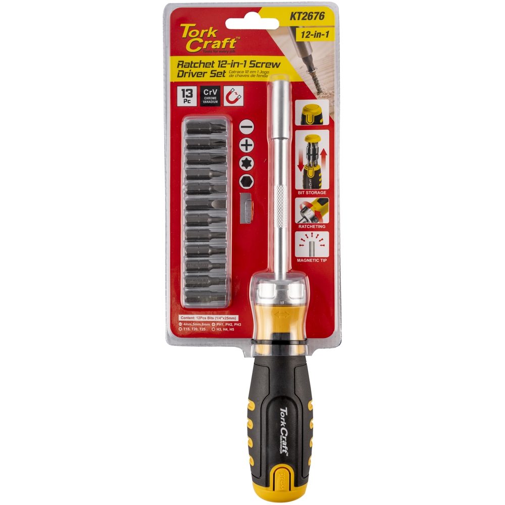 Ratchet S/ Driver Set 12-in-1 12pc Bits 1pc Driver