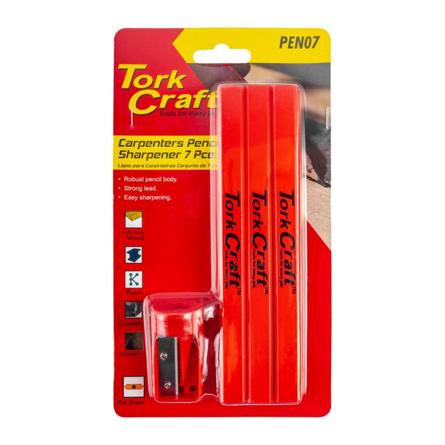 7pc Tork Craft Carpenters Pencil Set 6 X Pencil 1 X Sharpener