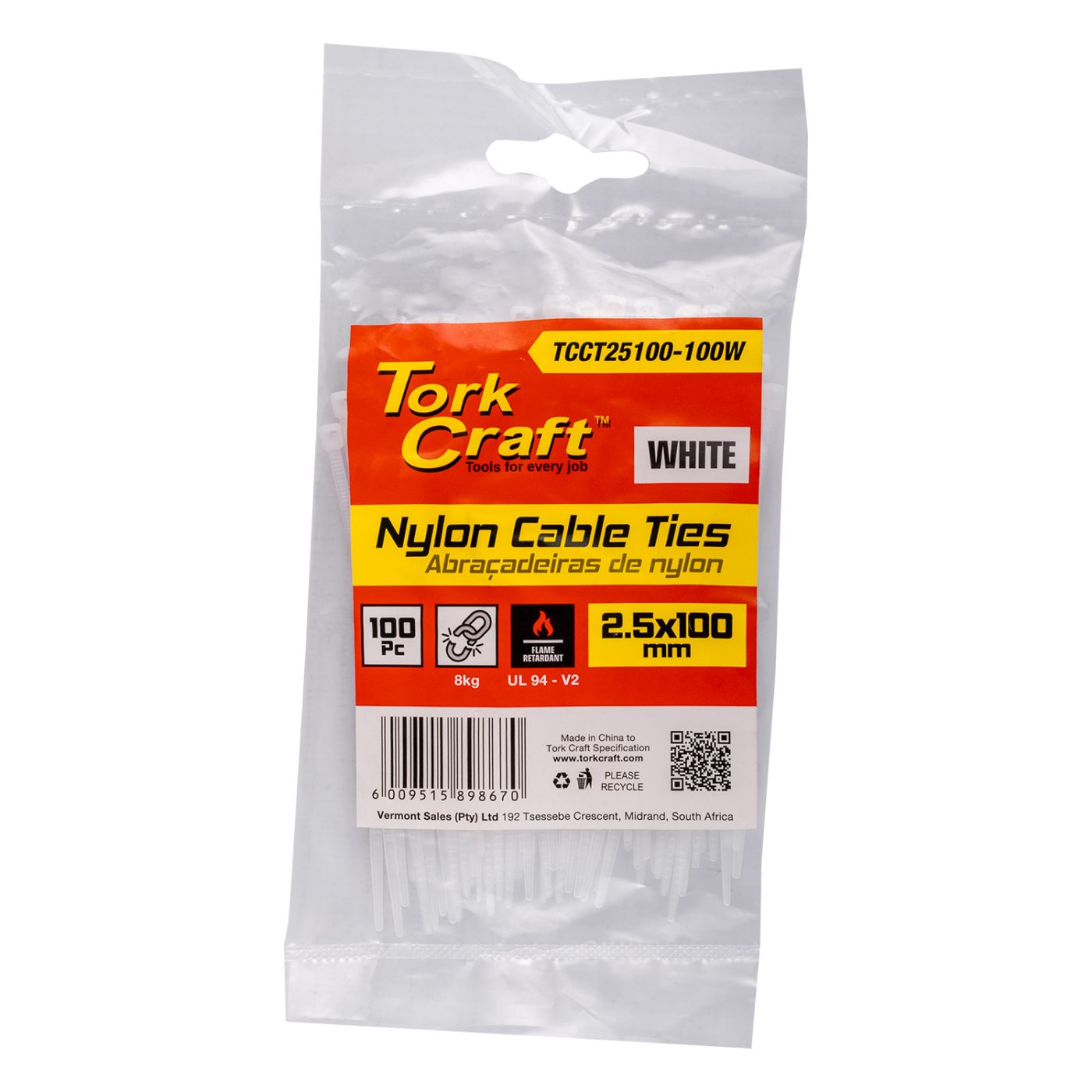 Nylon Cable Ties 2.5mm X 100mm White 100pc