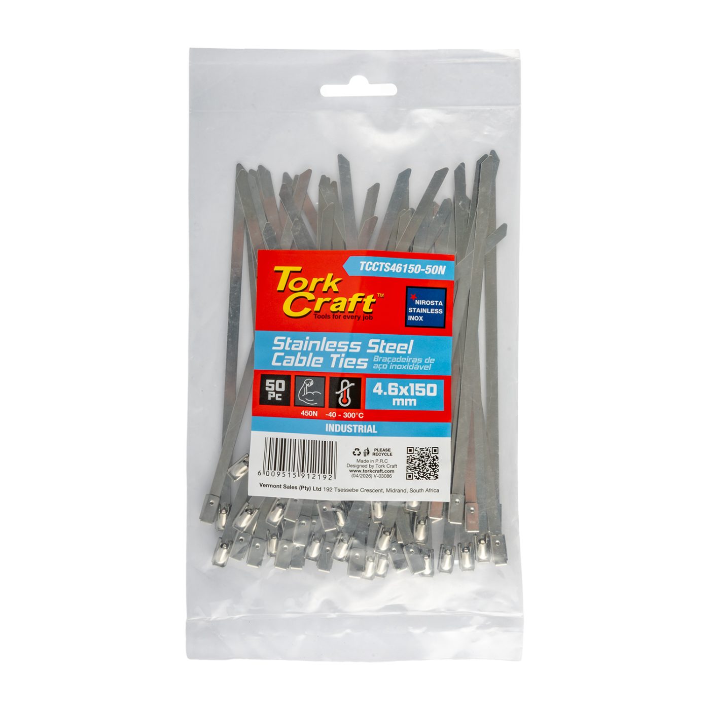 S/steel Cable Ties Ss304 4.6mm X 150mm Natural 50pc
