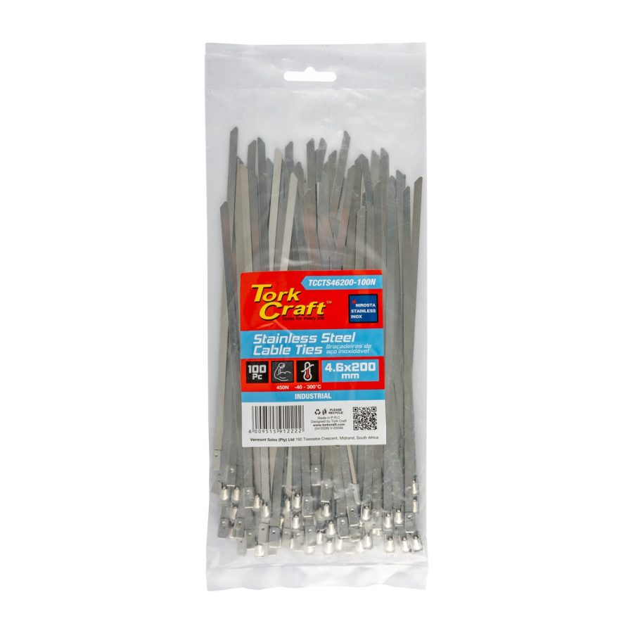 S/steel Cable Ties Ss304 4.6mm X 200mm Natural 100pc