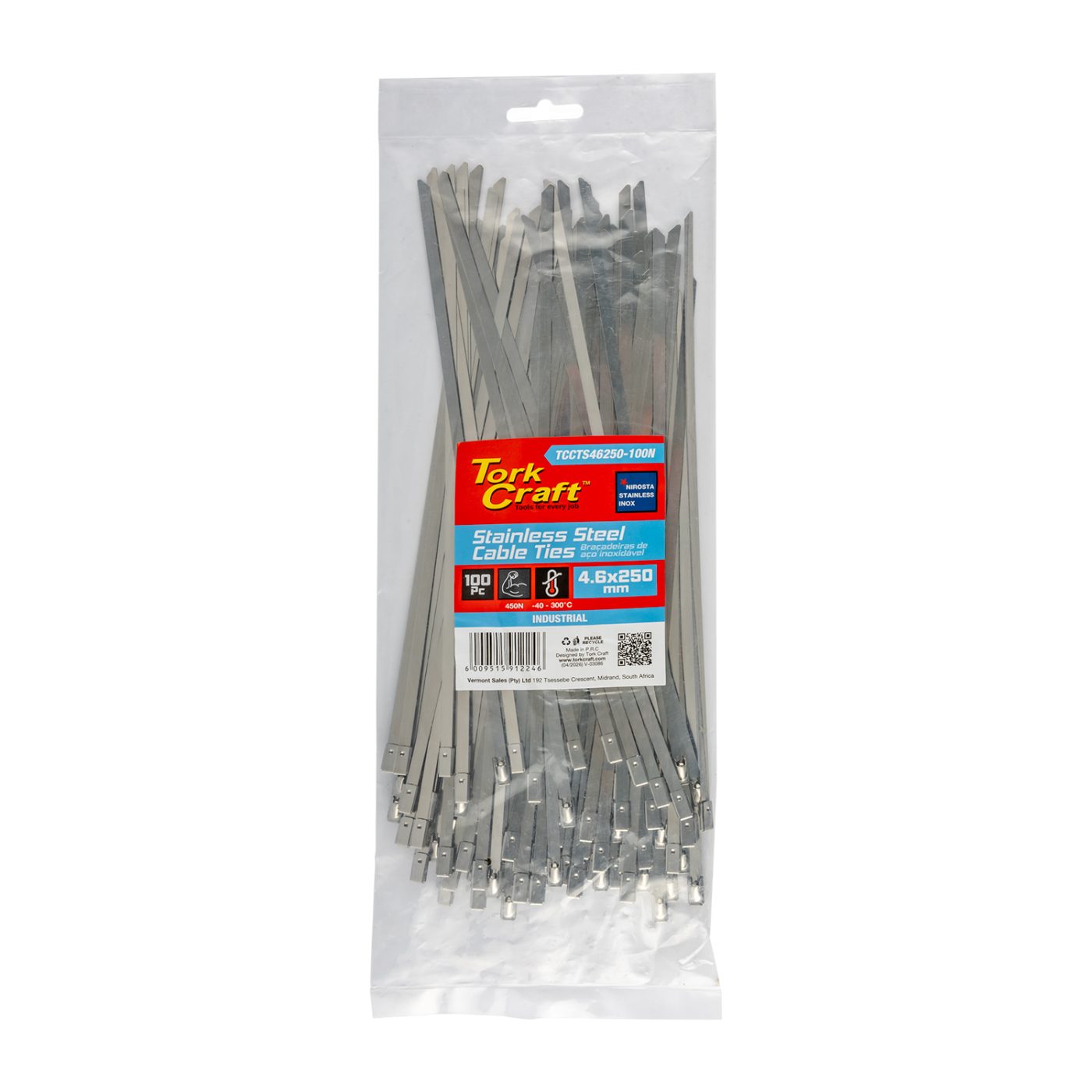 S/steel Cable Ties Ss304 4.6mm X 250mm Natural 100pc