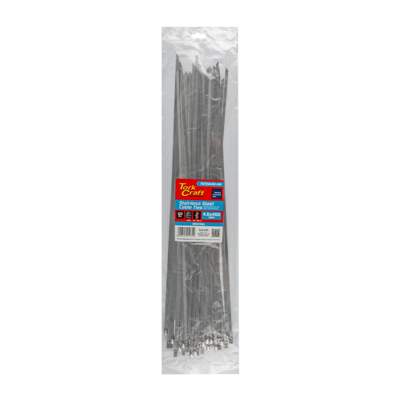 S/steel Cable Ties Ss304 4.6mm X 450mm Natural 50pc