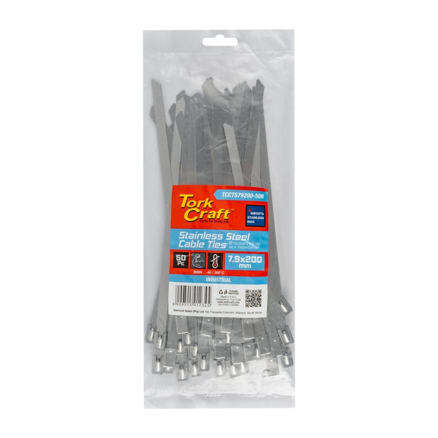 S/steel Cable Ties Ss304 7.9mm X 200mm Natural 50pc