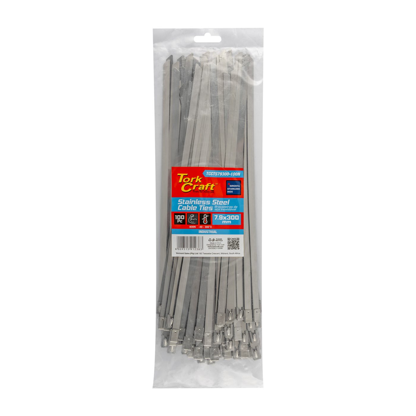 S/steel Cable Ties Ss304 7.9mm X 300mm Natural 100pc