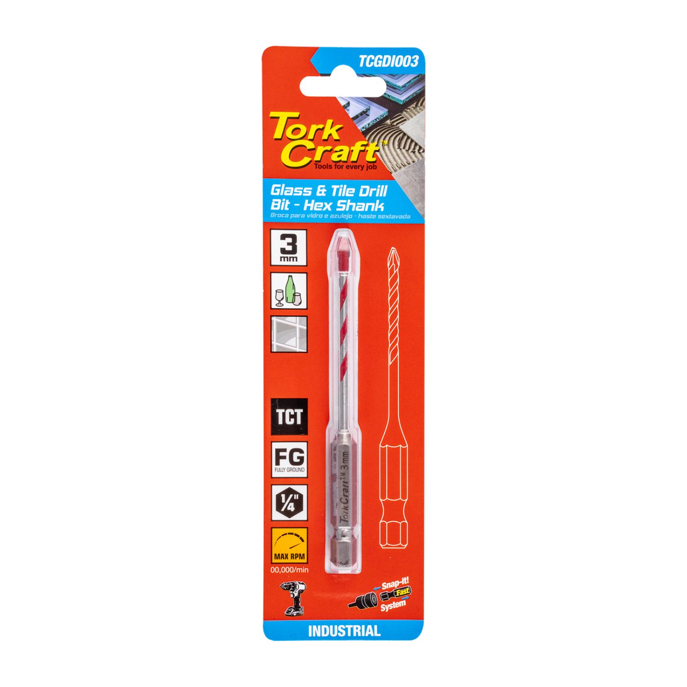Glass & Tile Drill 3mm Hex Shank Industrial
