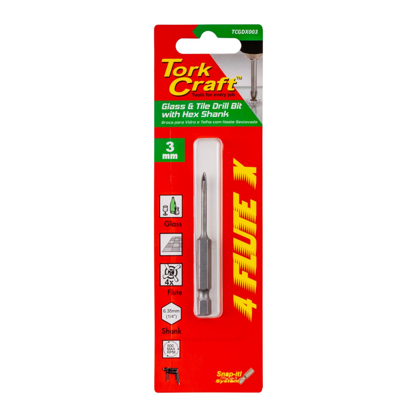 Glass & Tile Drill 3mm 4 Flute With Hex Shank
