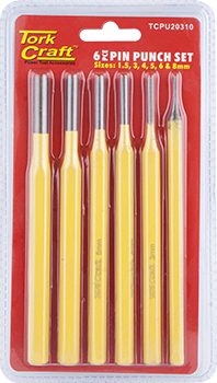 Tork Craft Pin Punch Set 6pc - 1.5, 3, 4, 5, 6, 8mm Yellow