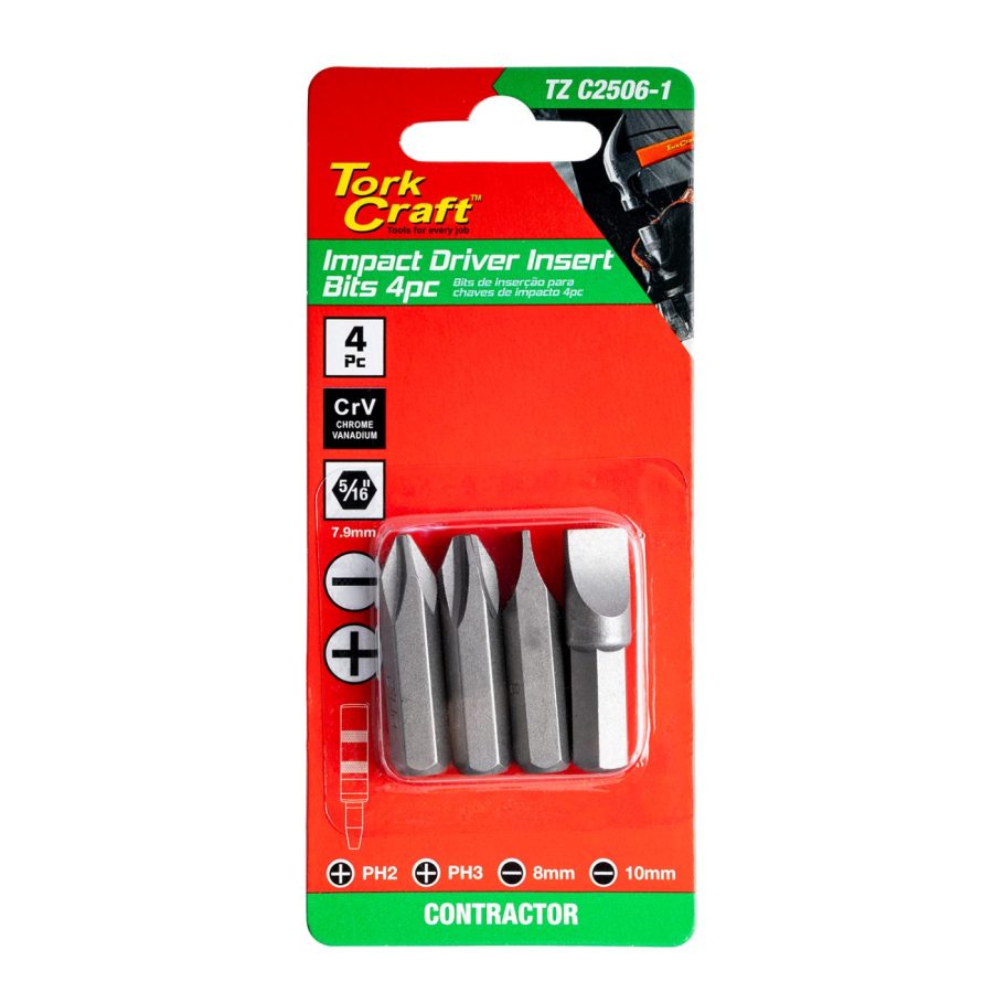 Impact Driver Insert Bits 4pc 5/16' Ph2/ph3/sl8mm/sl10mm